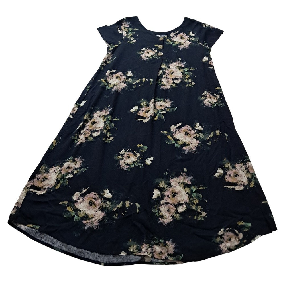 J. Jill Dress Womens Medium Navy Floral Rayon Midi Henley Short Sleeve Casual